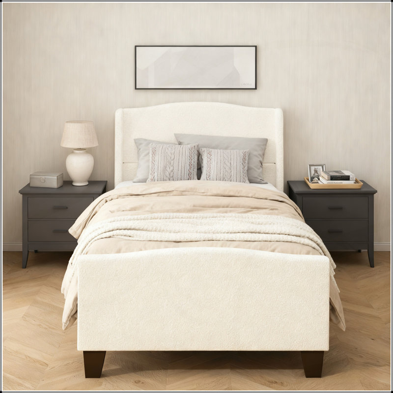 Structure de lit simple avec tête de lit et pied de lit rembourrés, revêtement en velours Teddy, support à 12 lattes, pieds en bois massif