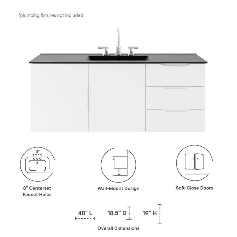 Modway Vitality 48" Single Sink Bathroom Vanity, White, Black
