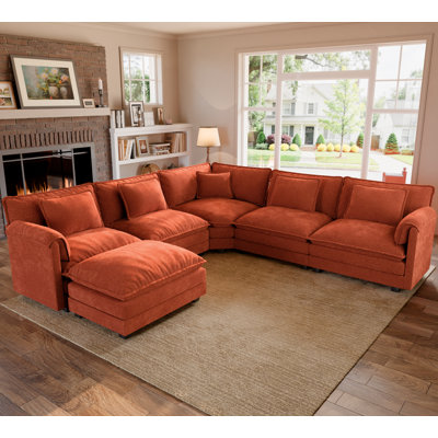  Modular Sectional Sofa, Comfy Cloud Couch With Movable Ottoman, Deep Seat Couch Sofa-Chenille-Orange