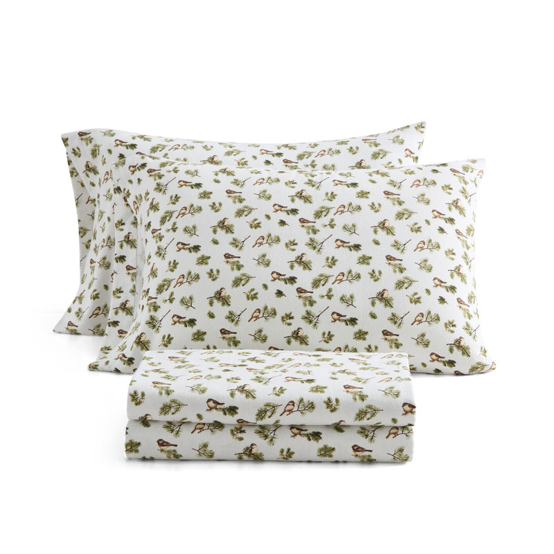 Ensemble de draps en flanelle de coton imprimé Martha Stewart, Twin, Chickadee Pines Green