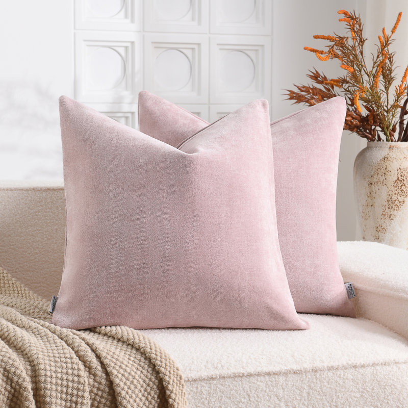 Soft Textured Slub Chenille Solid Cushion Cover Cozy Neutral Farmhouse Decorative Pillow Covers, Square 18", Pink
