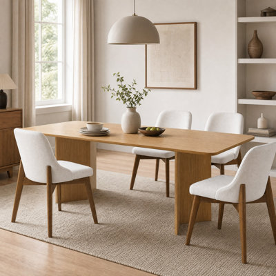 Ensemble table et chaises de salle à manger rectangulaires en bois de 200 cm (79 po) avec pieds doubles et chaises rembourrées, pour 4 à 6 personnes.
