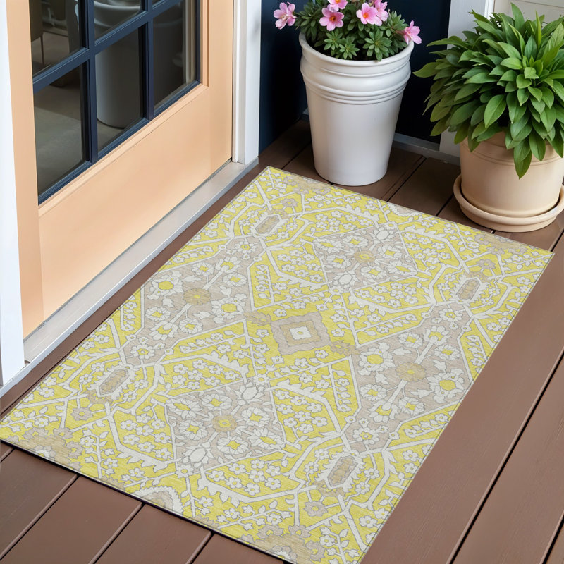 Tapis extérieur lavable floral jaune ivoire et beige 3 pi x 5 pi