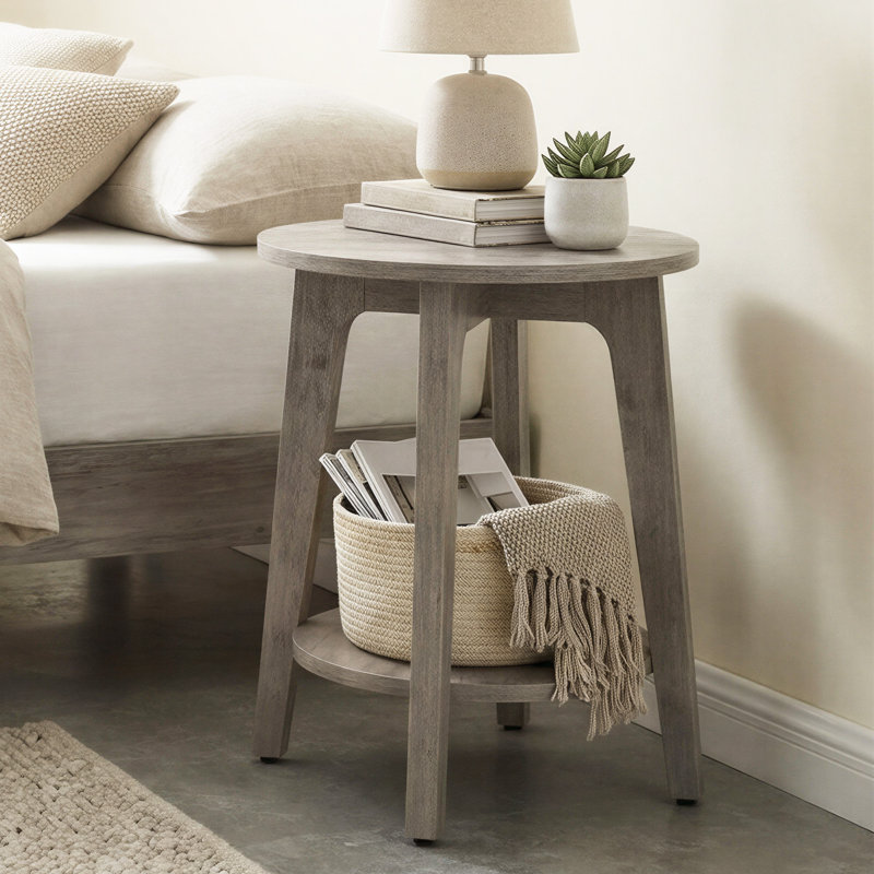 Modern Round End Table with Lower Storage Shelf, Solid Wood Side Table for Sofa and Bedside, Small Space Living, Gregie