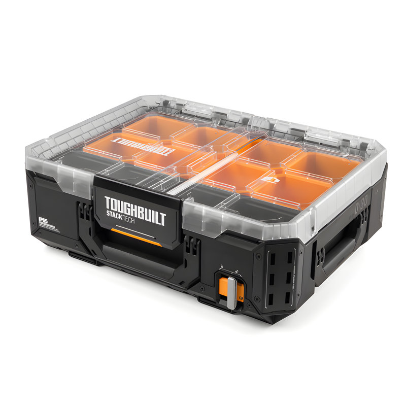 ToughBuilt Heavy Duty Storage Organizer Portable Tool Box Case, StackTech, Standard, Black/Clear