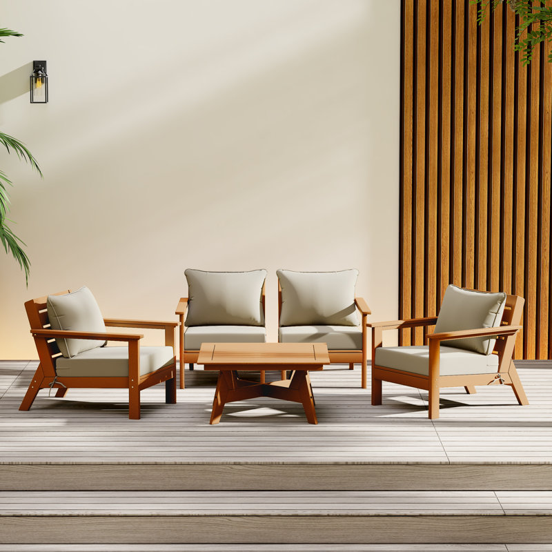 5-Piece Deep Seating Set, Teak, Beige
