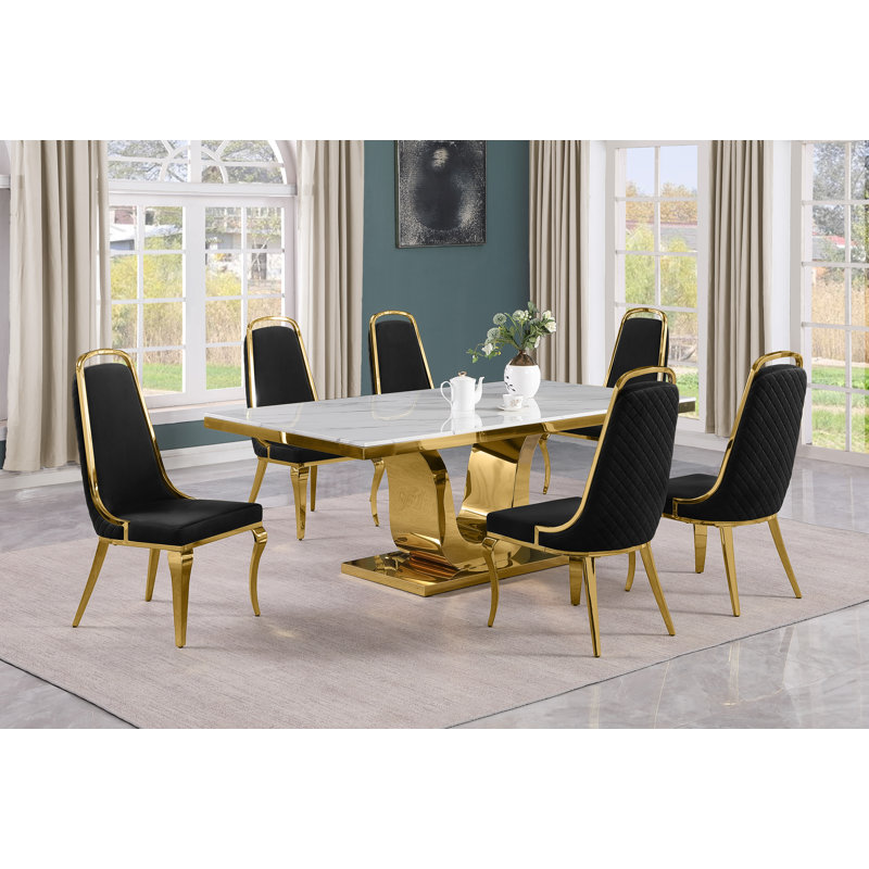 Kimoria Marble Top Pedestal Dining Set, Black, 7