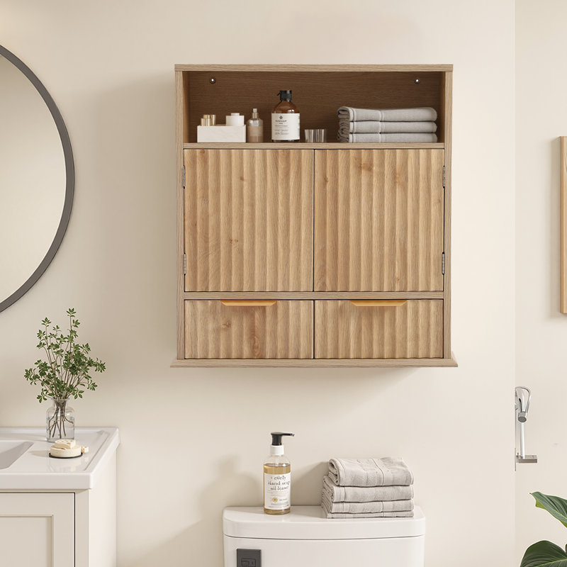 Wall Mounted Bathroom Cabinet With Adjustable Shelf And Drawers – Modern Mdf Storage Cabinet With Vertical Stripe Design And Metal Handles