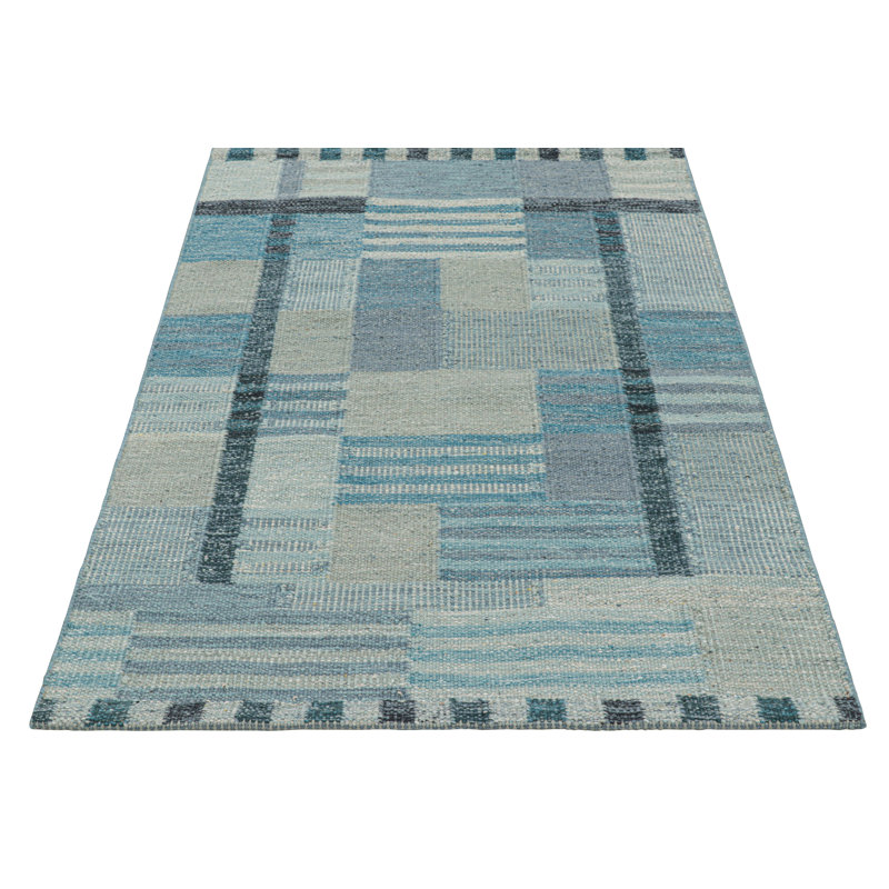 Rug & Kilim’S Scandinavian Rug In Blue And Gray With Geometric Patterns, Rectangle 10' x 14'