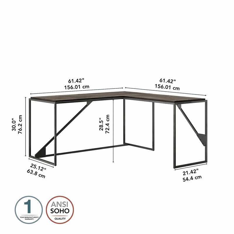 Ovia L-Shaped Metal Base Writing Desk, Dark Gray Hickory
