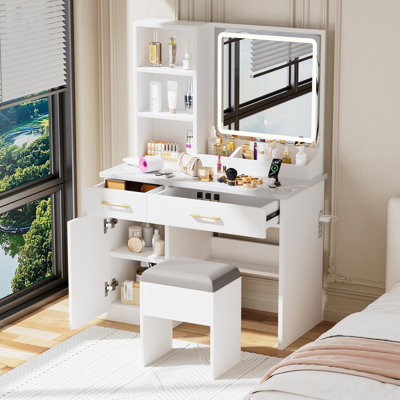 Makeup Vanity Desk with Mirror and Lights, White Vanity Table with Power Outlet and 3 Lighting Modes, Dressing Table Set with Cabinet Drawers Shelves