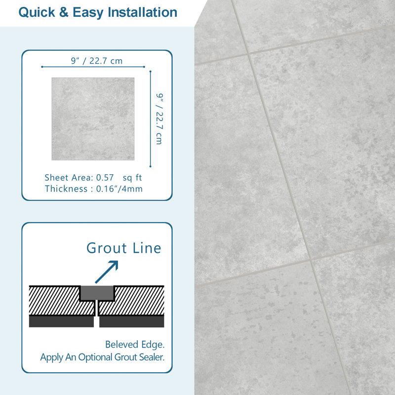 9'' x 9'' x 4mm SPC Peel & Stick Floor Tile Luxury Vinyl Flooring, Gray
