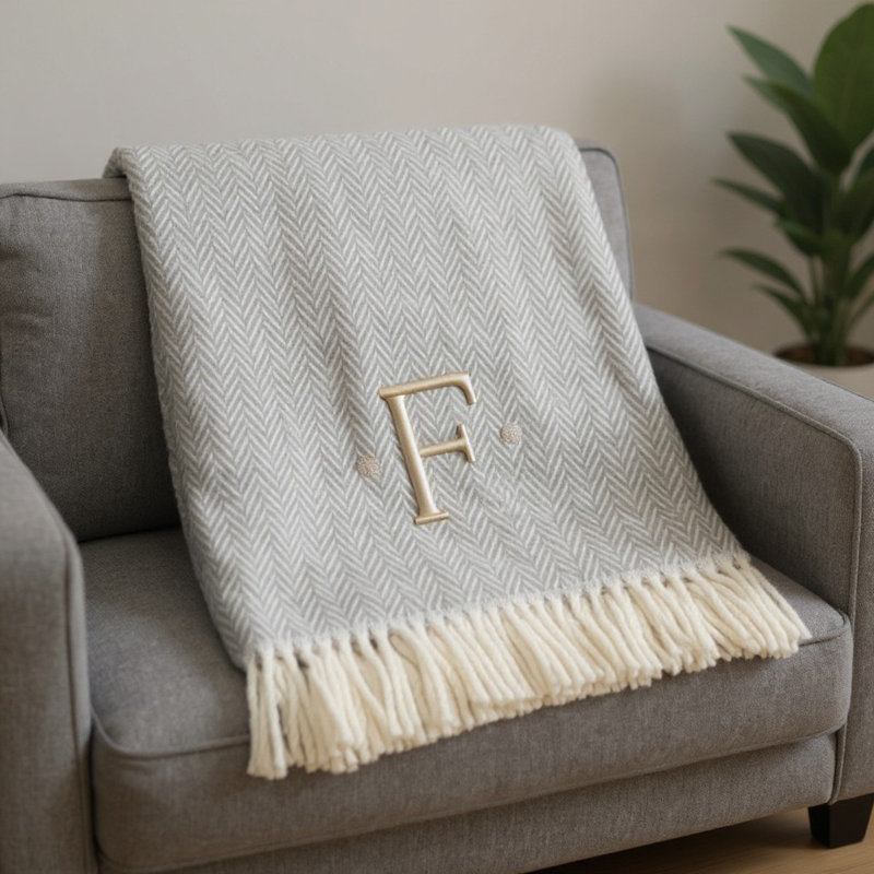 55" X 70" Grey And White Herringbone Cotton Blend F Initial Throw Blanket with Tassels And Embroidery