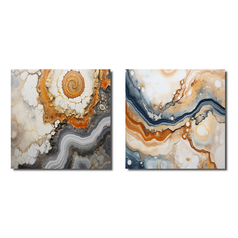 Beige et jaune pierre Geode Simplicity - Ensemble de 2 collages carrés en géode de pierre, H 16 po x l 33 po, Toile tendue