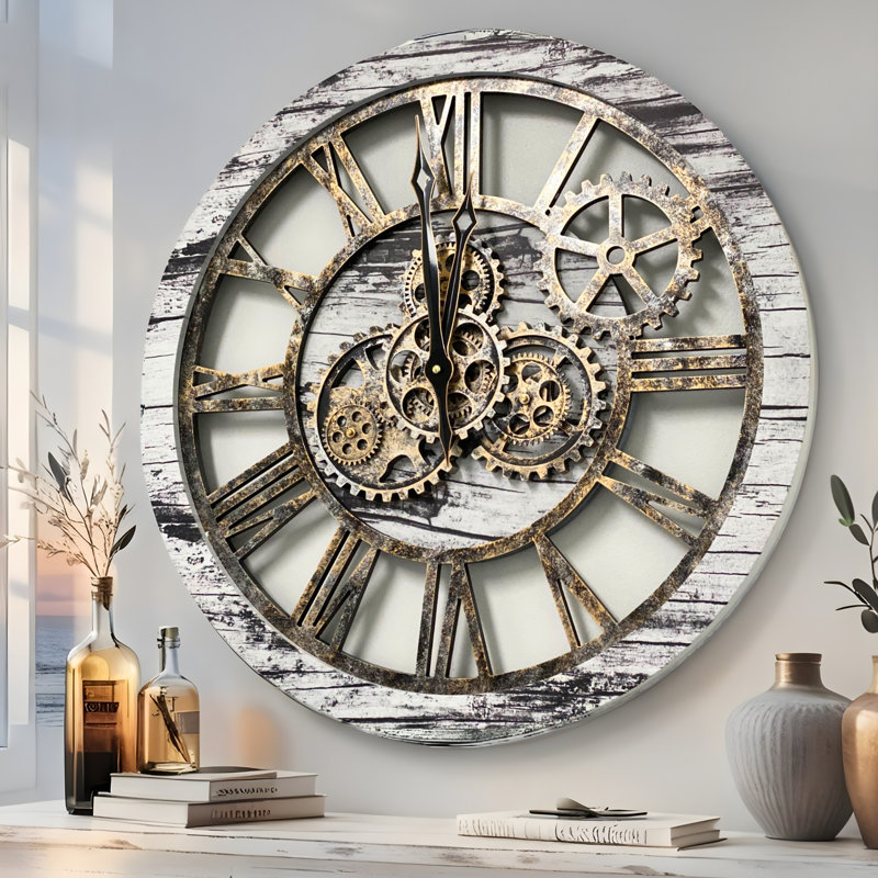 Horloge murale ronde surdimensionnée de 24 po pour le salon avec la collection America, Gris / blanc