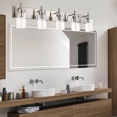 Éclairage pour meuble-lavabo de salle de bain 5 lumières, applique murale moderne en nickel brossé avec abat-jour en verre transparent, luminaires de salle de bain sur miroir, lampes murales rétro pour miroir, chambre à coucher, salon