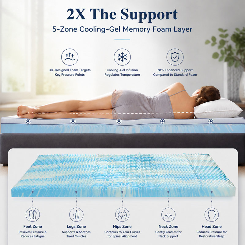 Surmatelas en mousse viscoélastique double couche 4 "avec viscose dérivé du bambou 2" mousse viscoélastique gélifiée rafraîchissante 2 "pour soulager les maux de dos