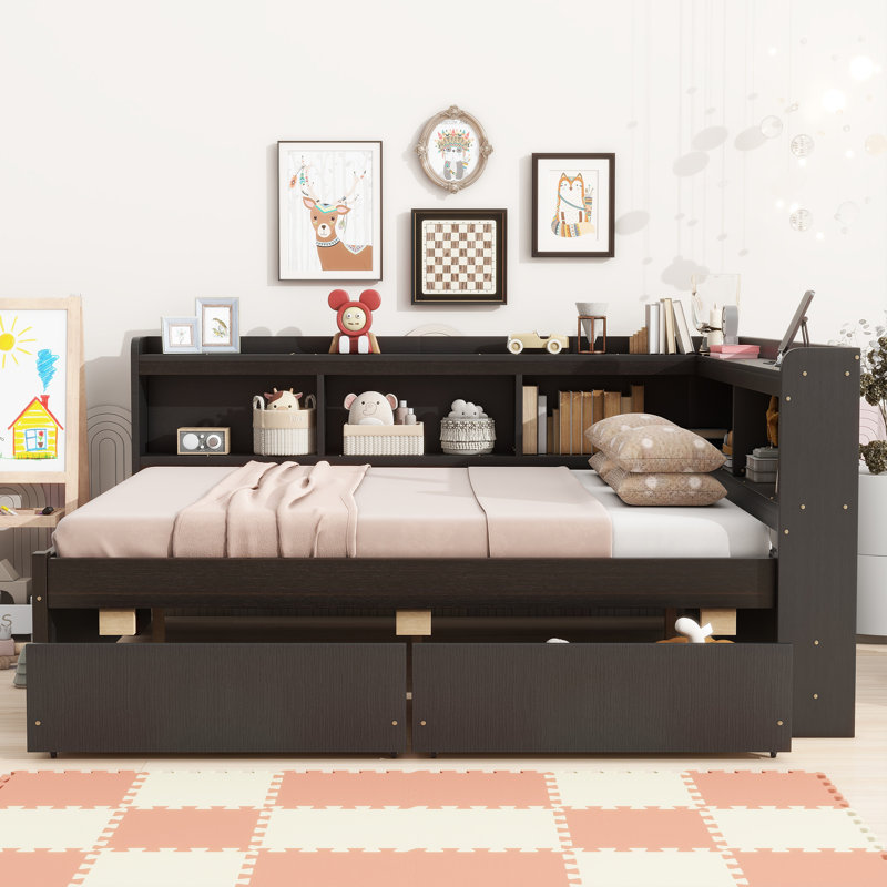 Full Size L-shaped Bookcases Bed with Power Outlets, USB Charging Ports,Two Drawers,Tan, Tan, Full