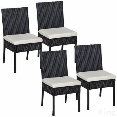 4 chaises de salle à manger d'extérieur en rotin avec coussins, chaises de patio en osier avec dossier pour porche, terrasse, jardin, blanc crème