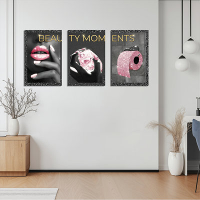 Beauty Moments Lip Makeup Pink Toilet Paper Canvas Wrapped Wall Art Set Of 3