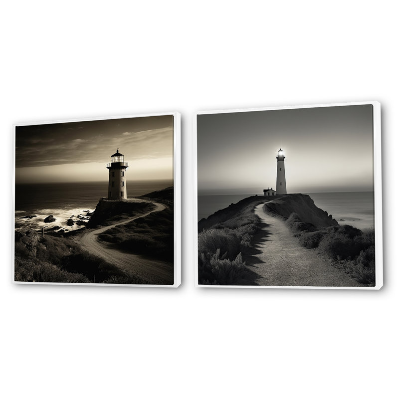 Phare noir et blanc Panorama, Cadre flottant blanc, 30" H x 61" W