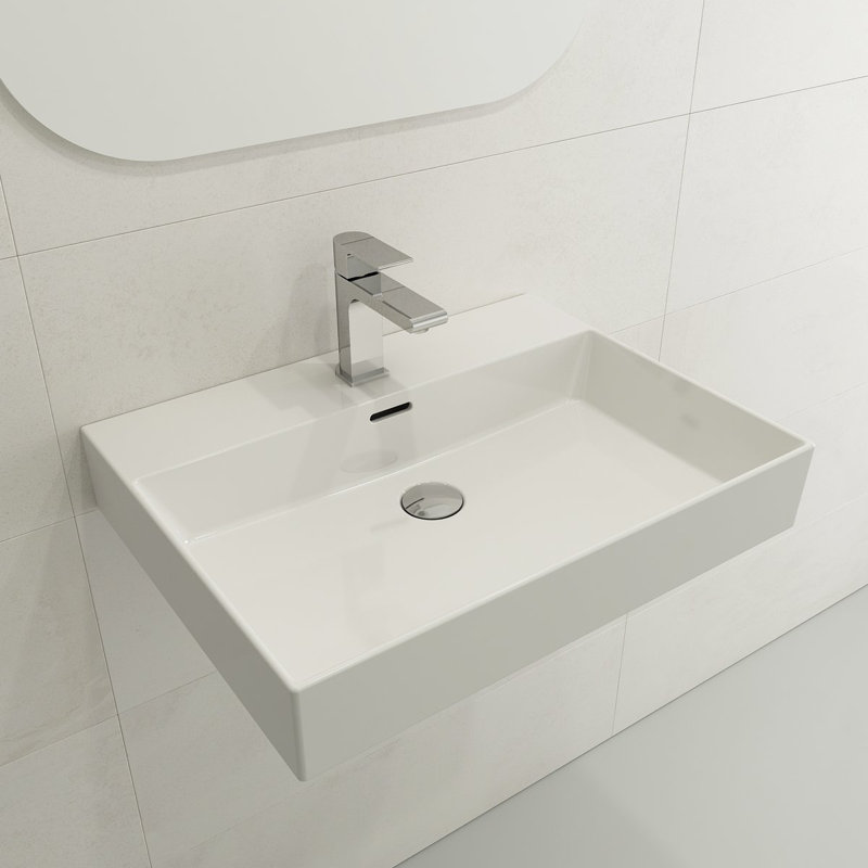 BOCCHI Milano 18.31'' Fireclay Rectangular Bathroom Sink with Overflow, White, 8" Widespread