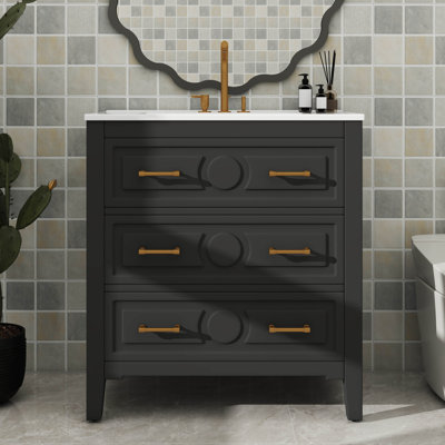 Armoire de rangement de salle de bain 30 po avec cadre en bois massif et 3 tiroirs