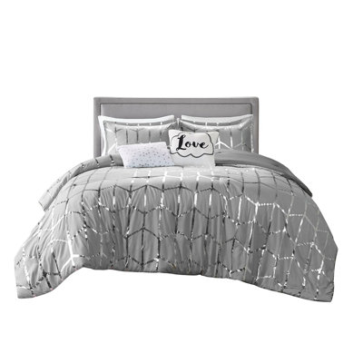 Attractive Grey + Silver Metallic Duvet Cover With Buttons In Geometric On Fabric Inner Ties