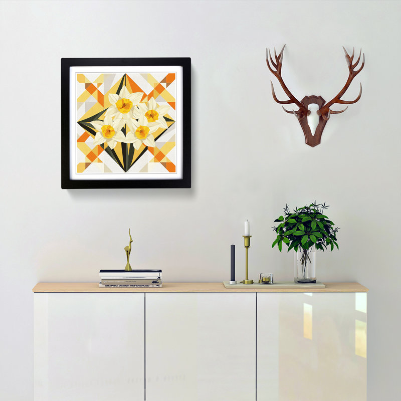 Daffodil Geometric No.3 - Single Picture Frame Print on Wood, Black