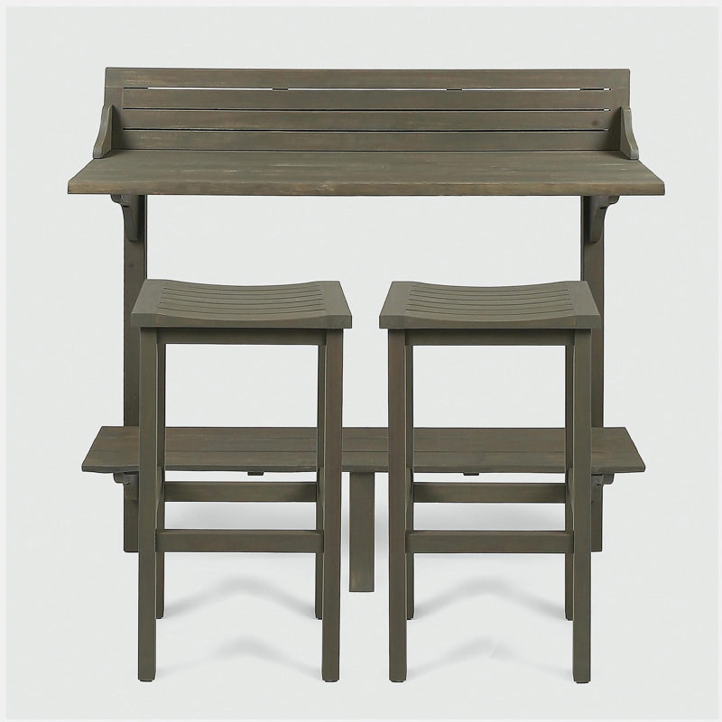 3-Piece Balcony Bar Set with Bottom Shelf Table and 2 Stools, Grey Finish