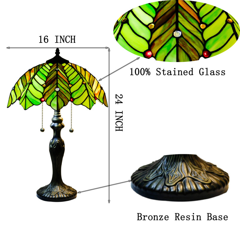 Lampe de table Tiffany Lampe de lecture en vitrail antique 16 x 16 x 24 pouces (cocotier vert ambré)