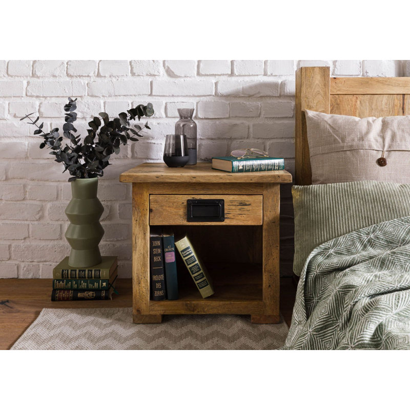 Railway 50cm W Solid Wood Bedside Table, Light Brown