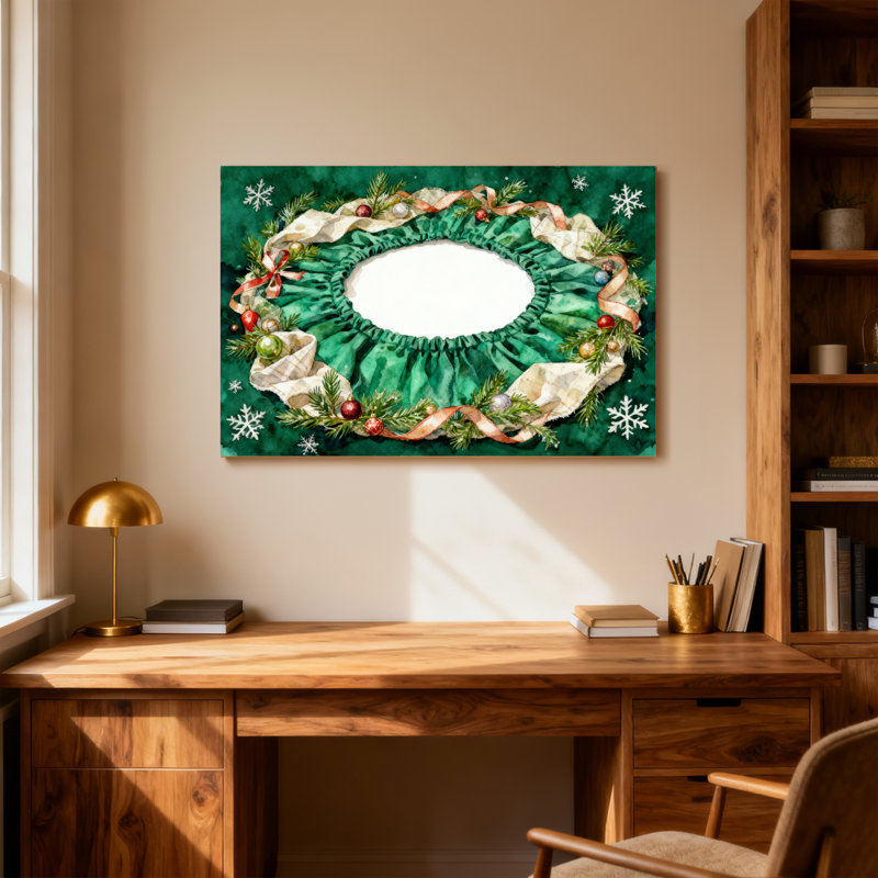 Noël, couronne de Noël, ruban vert, flocons de neige, pommes de pin, H 20 po x l 30 po