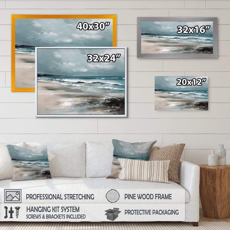 «Coastal Waves III - Modern Beach», art mural sur toile, Cadre simple noir, H 12 po x l 20 po x P 1 po