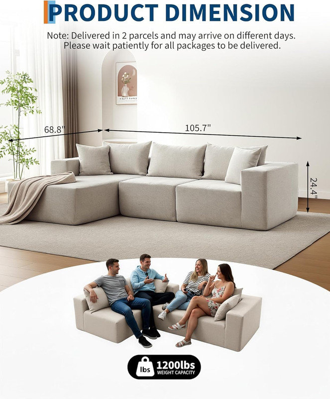 Canapé modulaire en L de 106 po avec méridienne Boneless, Beige