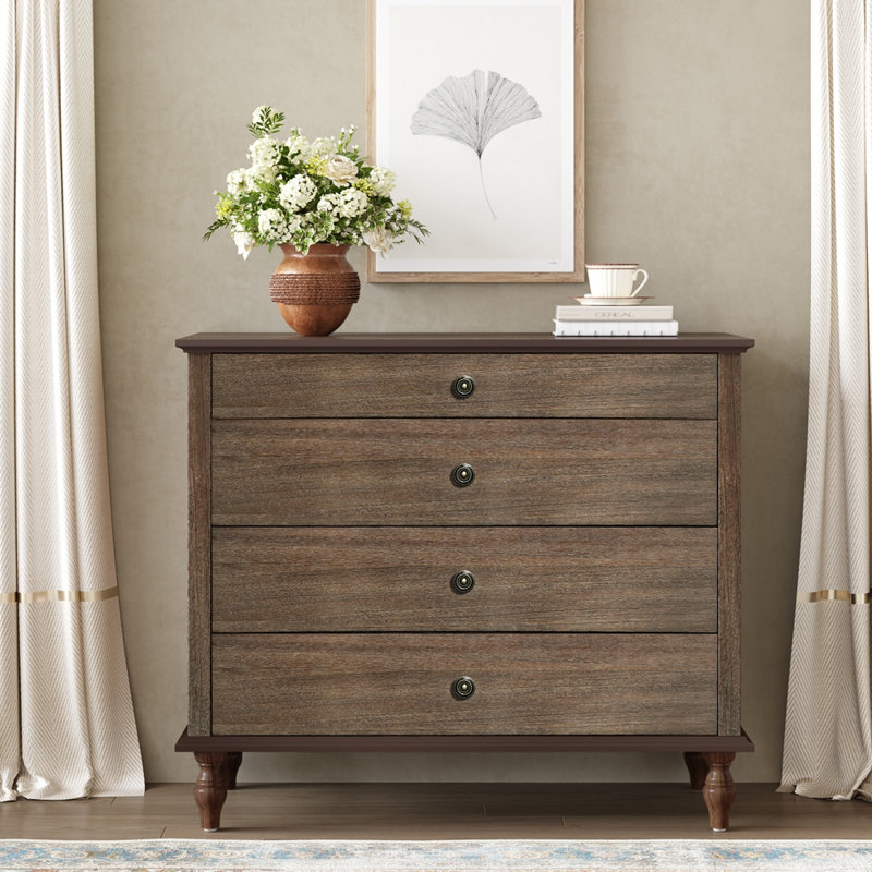 Large 4-Drawer Chest with Solid Wood Foot, Deep Rustic Brown