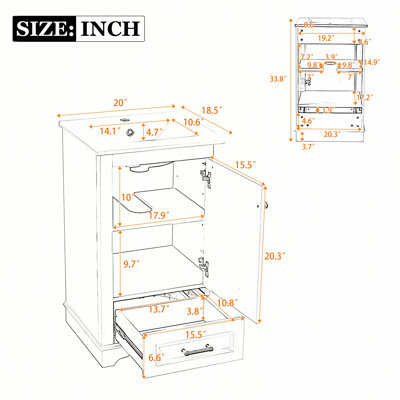 Meuble-lavabo de 50 cm avec lavabo en céramique, tiroir et porte à fermeture en douceur