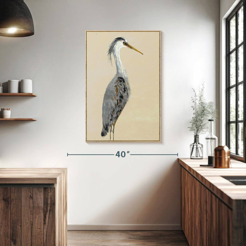 Heron On Tan I, Floating Frame Natural Wood, 27" x 40"