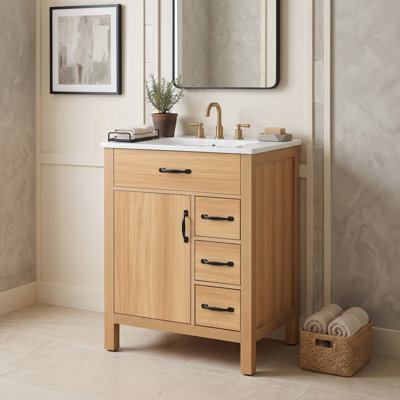 Traditional Modern Bathroom Vanity with Ceramic Sink, Flip-Up Drawer, Soft Close Hinges and Solid Wood Legs
