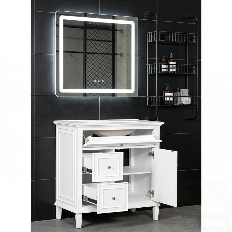 Meuble-lavabo de salle de bain avec lavabo, un tiroir rabattable et deux tiroirs, Blanc