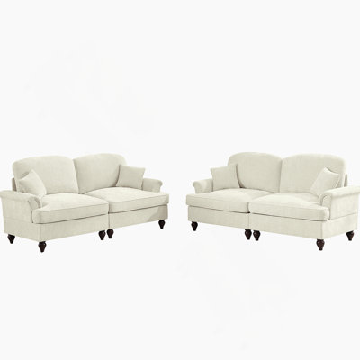 Classic 2 Piece Modular Couch Set with Removable Ruffles and Spindle Legs, Perfect for Living Room Flexibility and Style.