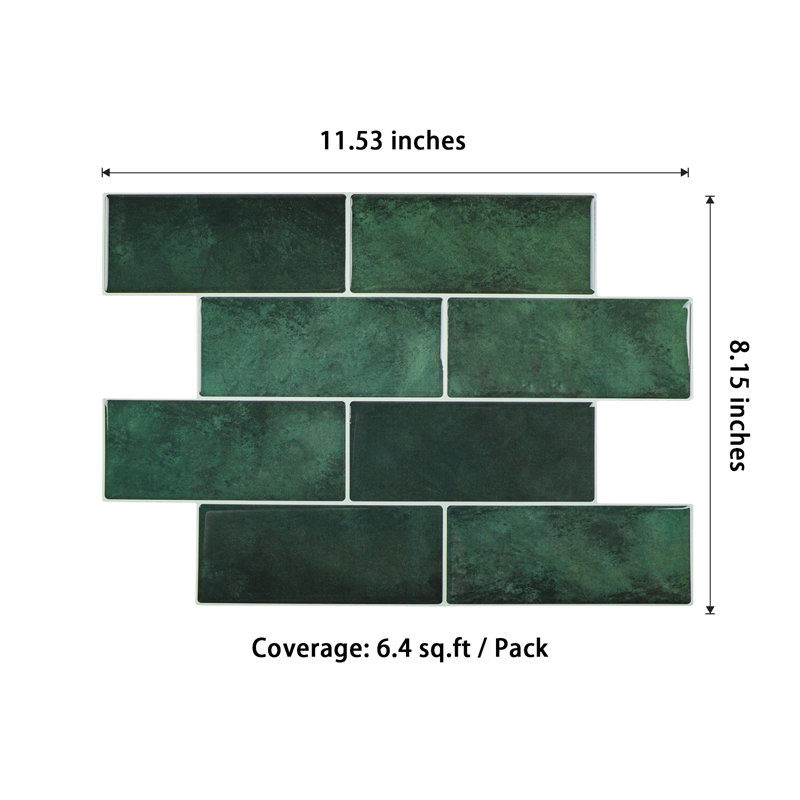 Peel And Stick Gel Backsplash Green Subway Tile 11.5'' X 8.2'' (set Of 10)