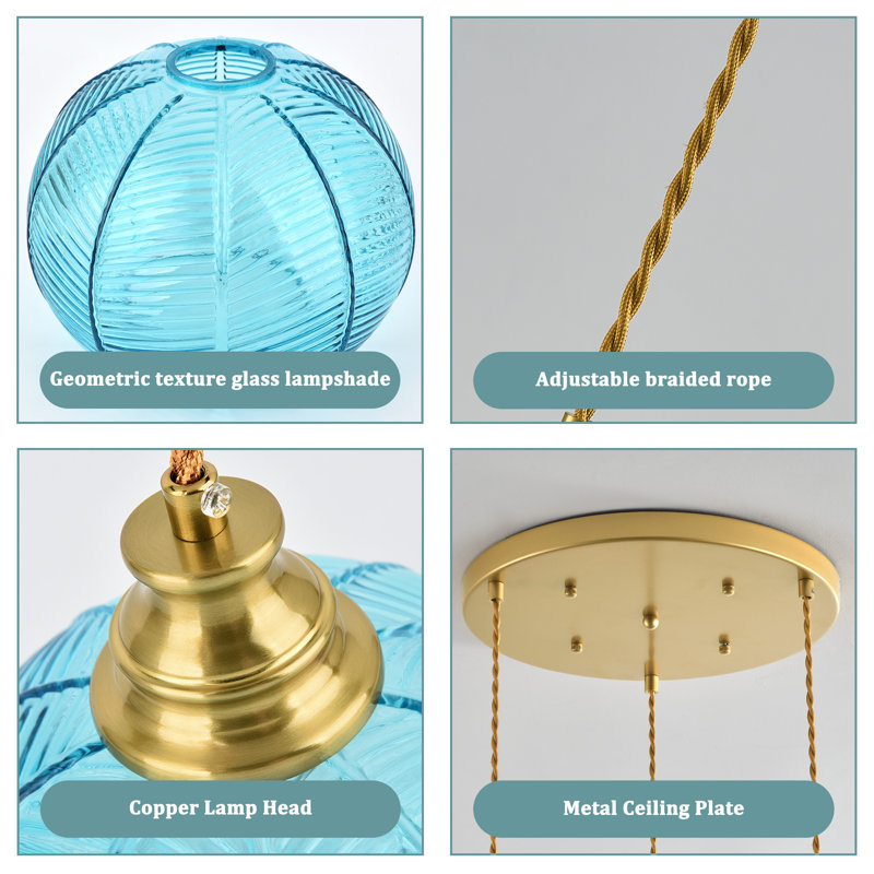 3-Light Modern Pendant Light with Globe Glass Shade for Dining Room, Bule