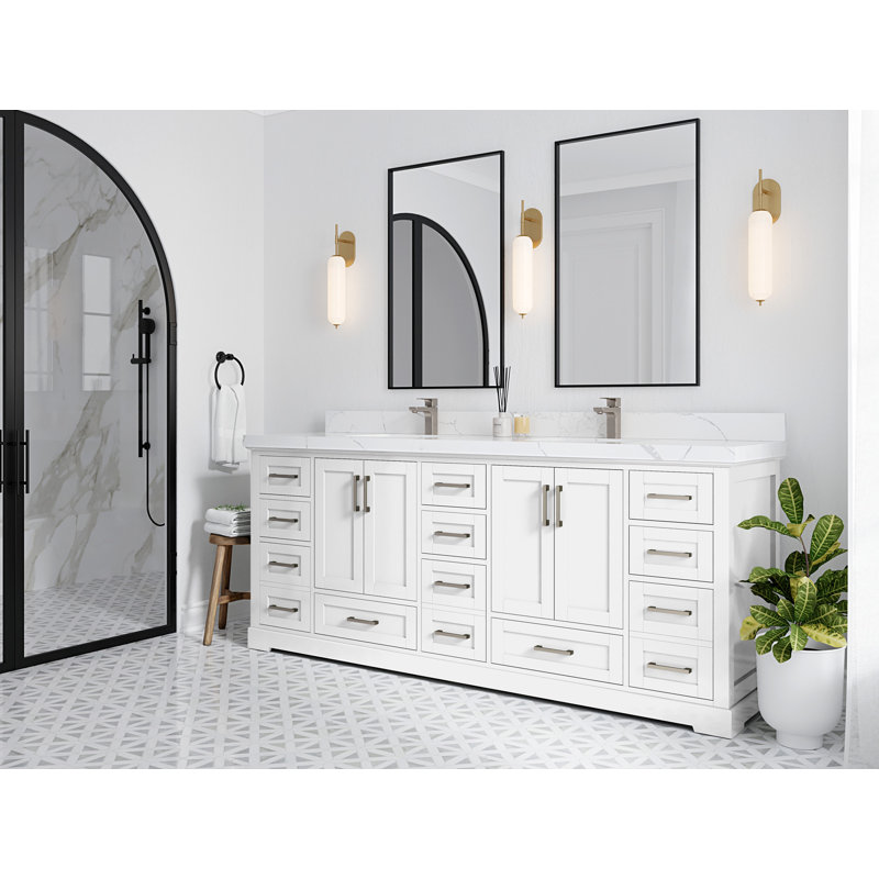 Eser 84'' Double Bathroom Vanity with Top, Black, Carrara White Quartz