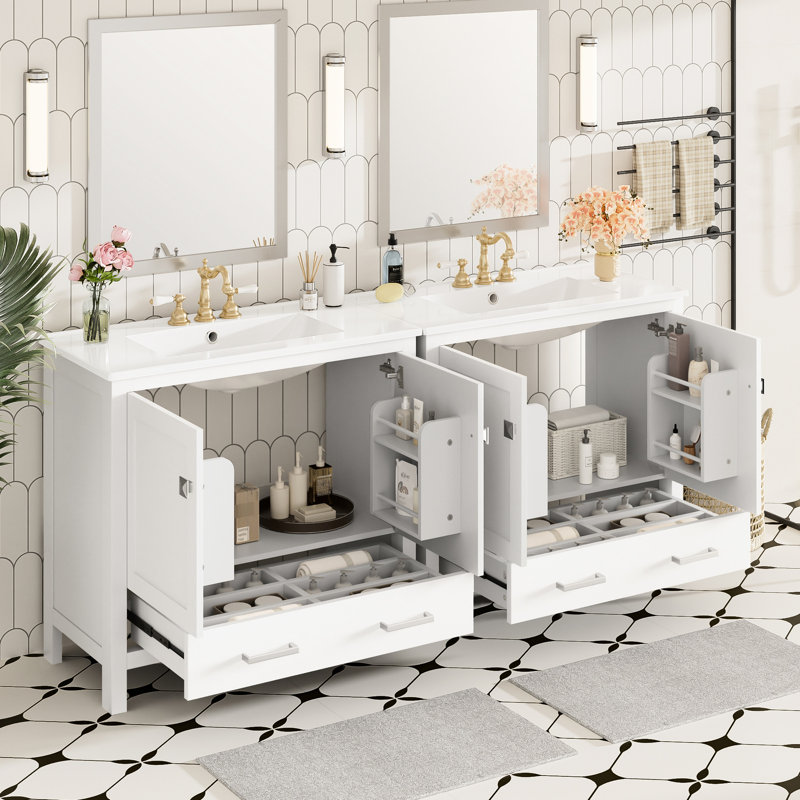 Meuble-lavabo de salle de bain blanc de 183 cm (72 pouces) avec lavabo double, tiroir compartimenté et poignées en alliage de zinc pour un style élégant. Mobilier moderne, lavabos en céramique, charnières à fermeture douce, rangement pour tous vos essentiels.