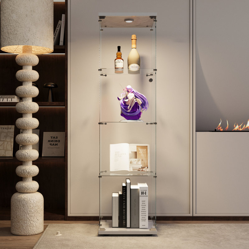 Vitrine à DEL avec 4 tablettes vitrées avec porte et bibliothèque au sol, Blanc