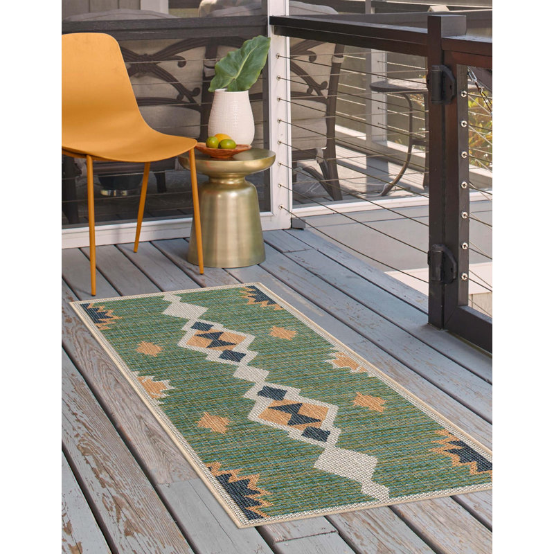 Tapis d'intérieur / extérieur vert Lauryn, Tapis de couloir 2 pi x 7 pi 1 po
