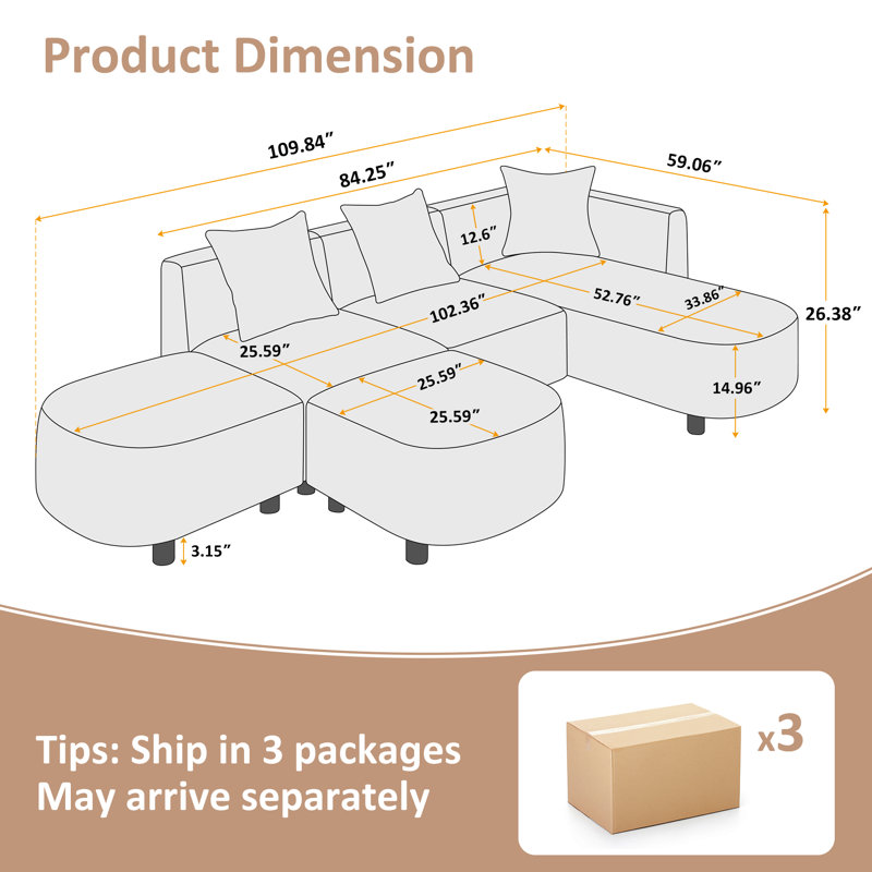  109.8'' Upholstered Boucle Sectional Sofa, Beige