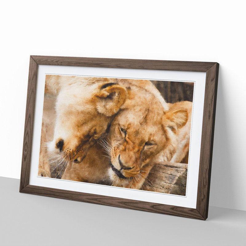 Cuddling Lions - Picture Frame Painting, 27cm H x 36cm W x 2cm D, Walnut Framed