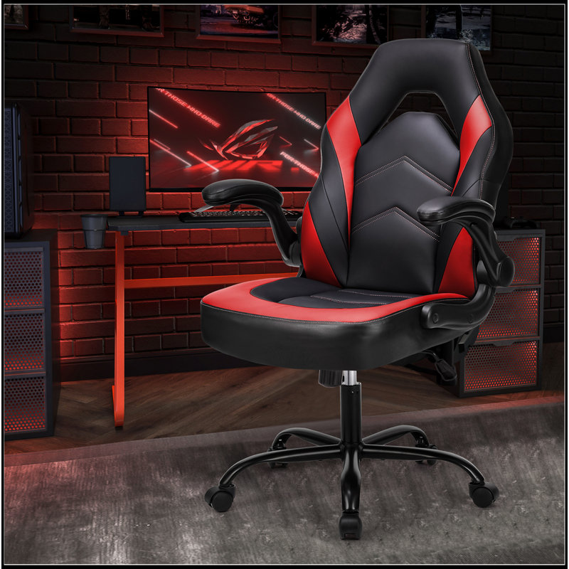 Fauteuil de jeu ergonomique réglable avec support lombaire et accoudoirs rabattables, Rouge